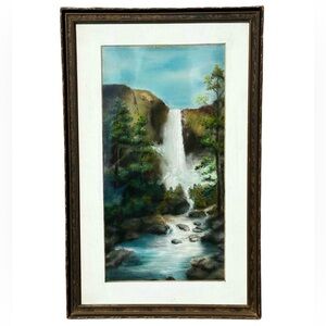 Antique 1921 pastel chalk fine art signed Tranquil Waterfall Landscape BlueGreen